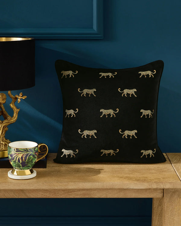 DUMA EMBROIDERED VELVET CUSHION NOIR  by Clarke & Clarke