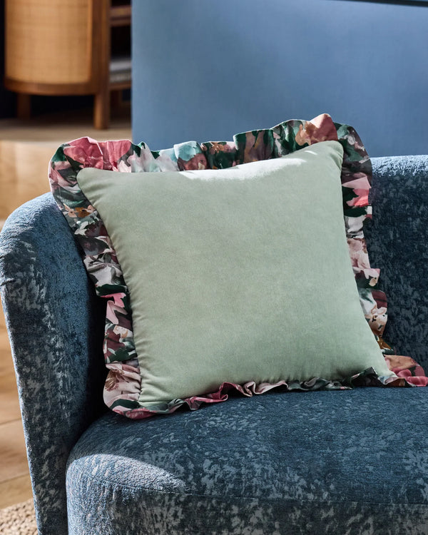 TAHITI VELVET FRILLED CUSHION BLUE  by Clarke & Clarke