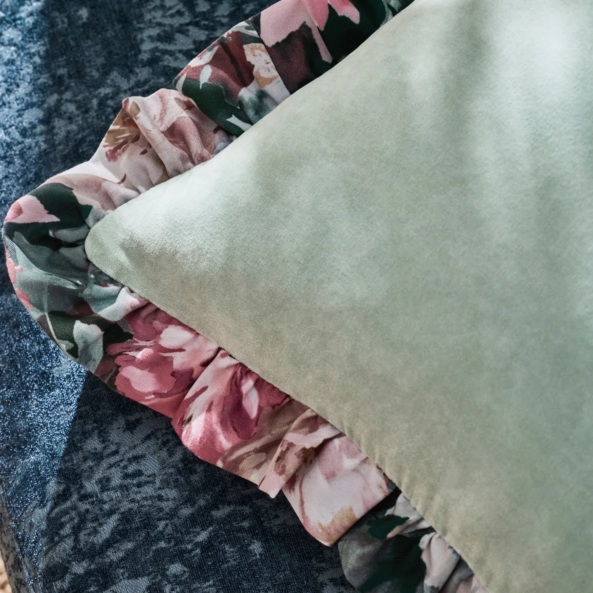 Clarke & Clarke Cushions TAHITI VELVET FRILLED CUSHION BLUE  by Clarke & Clarke