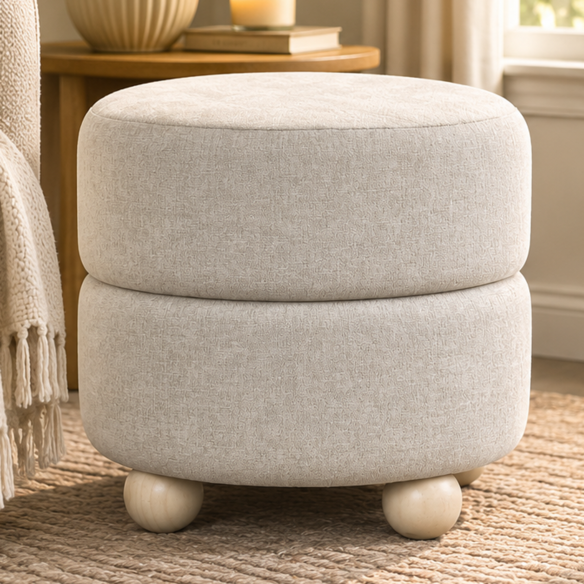 A round upholstered ottoman with two stacked cushioned tiers and small wooden feet, shown in a split view: on the left in a styled room setting next to a chair and side table, and on the right on a clean white background.