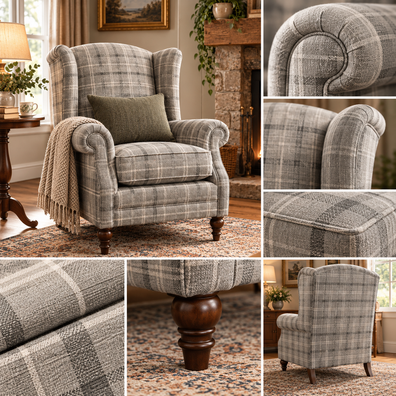 PRINCESS MAYA CUSTOM WINGBACK ARMCHAIR – GREY CHECK  simply HAZEL | Handmade and Upholstered in Ireland