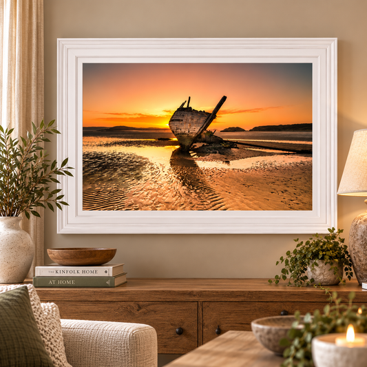 BAD EDDIES BOAT SUNSET FRAMED PRINT – WHITE FRAME| House of Irish Art