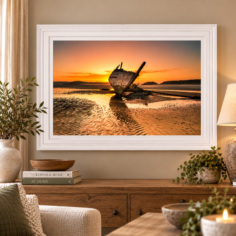 BAD EDDIES BOAT SUNSET FRAMED PRINT – WHITE FRAME| House of Irish Art