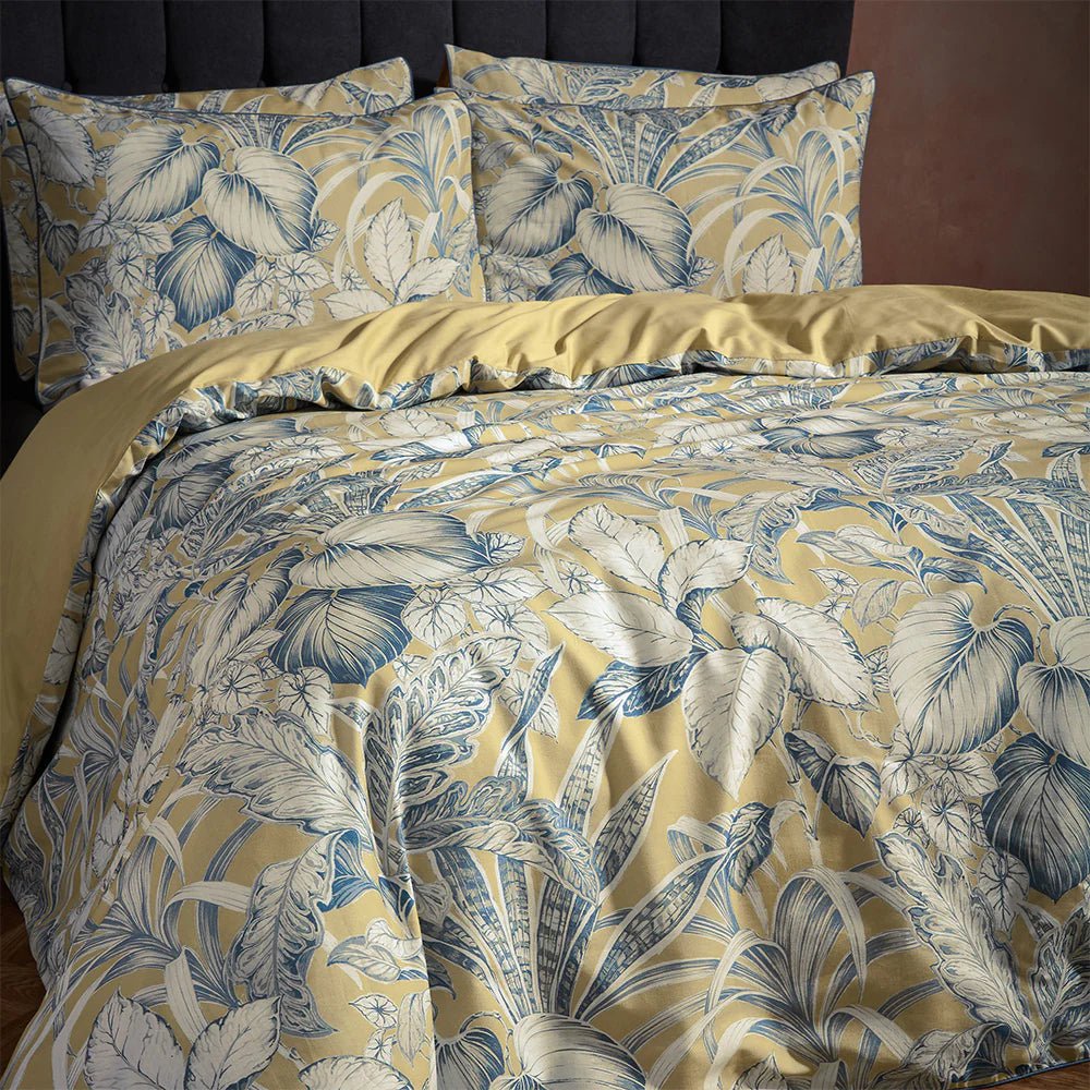 Edinburgh Weavers Bedspread EW Tivoli Tropical Printed Piped Duvet Cover Set in Gilt