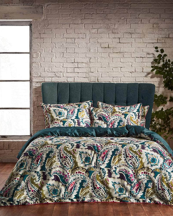 EW by Edinburgh Weavers Aretha Paisley Printed Cotton Sateen Piped Duvet Cover Set Teal/Olive