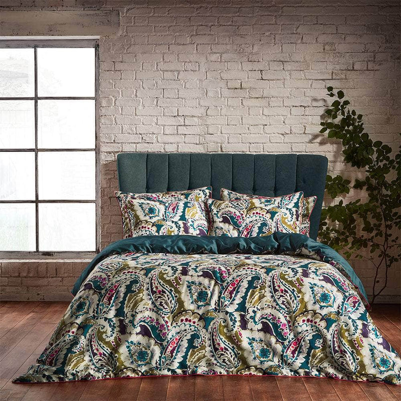 Aretha Paisley Printed Cotton Sateen Piped Duvet Cover Set Teal/Olive by Edinburgh Weavers (EW)