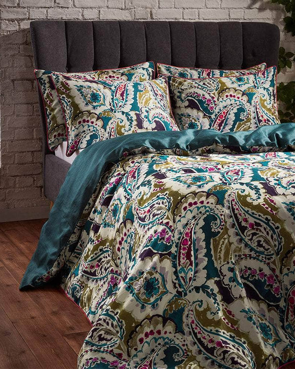 EW by Edinburgh Weavers Aretha Paisley Printed Cotton Sateen Piped Duvet Cover Set Teal/Olive