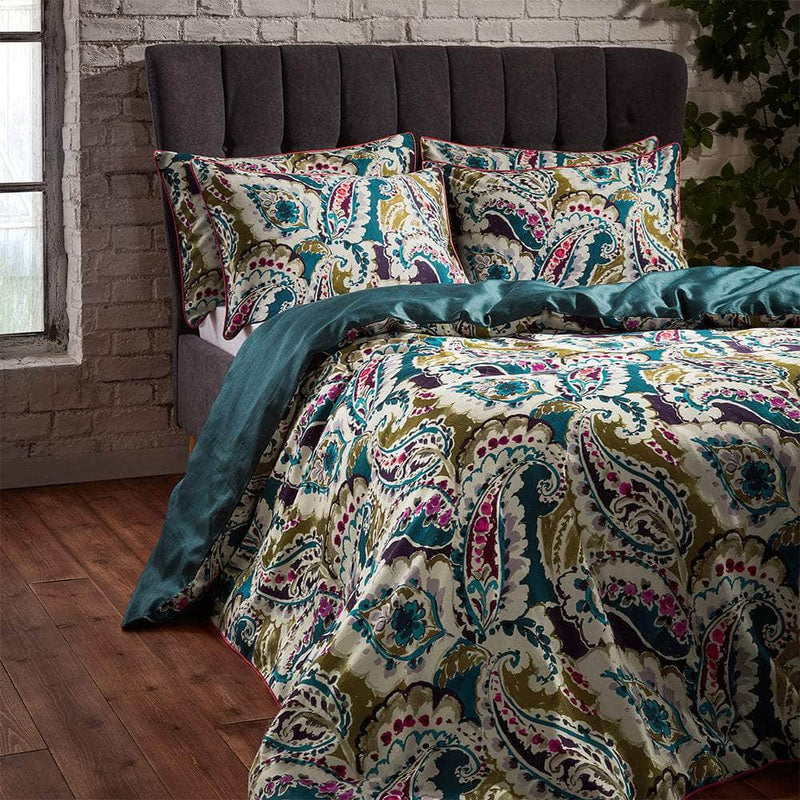 Aretha Paisley Printed Cotton Sateen Piped Duvet Cover Set Teal/Olive by Edinburgh Weavers (EW)