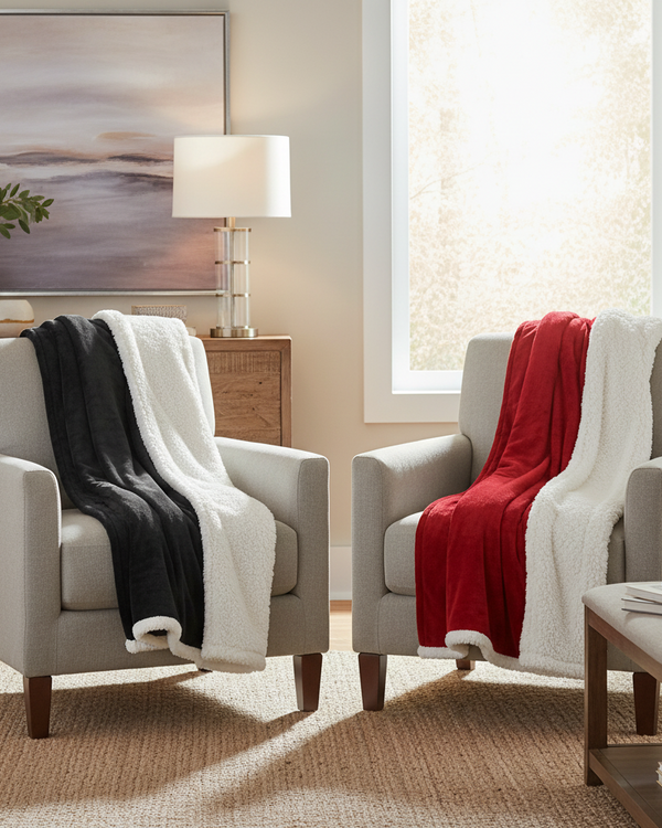 LUX SHERPA FLEECE THROW – CHARCOAL | RED by Essentials