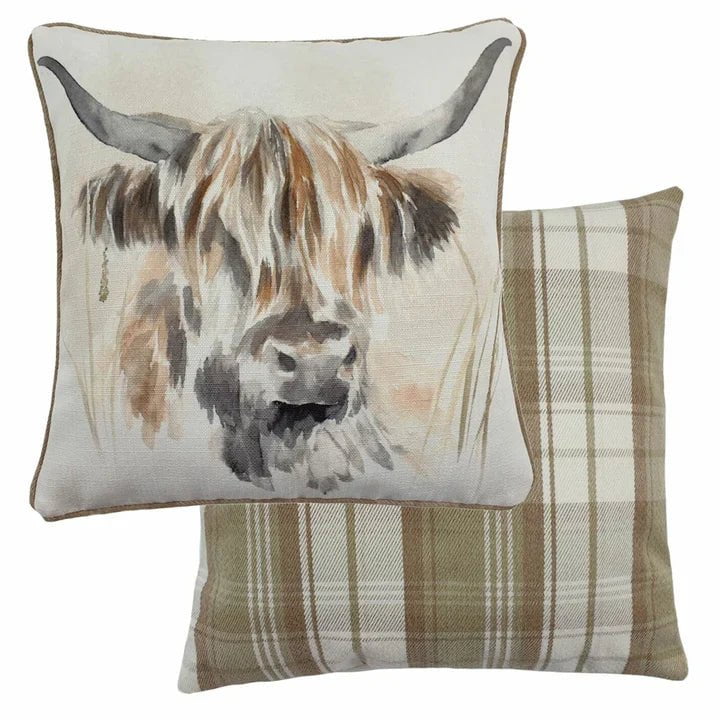 Evans Litchfield Interior Design Range Premium Watercolour Highland Cow Square feather filled Cushion Multicolour by Evans Lichfield