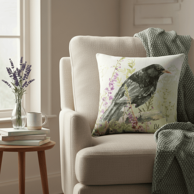 BLACKBIRD PRINTED CUSHION SAGE by Evans Lichfield