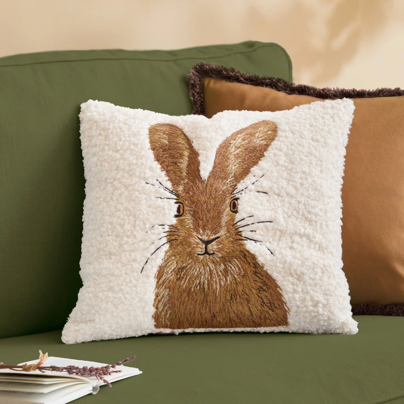 BOUCLE HARE EMBROIDERED CUSHION – NATURAL by Evans Lichfield