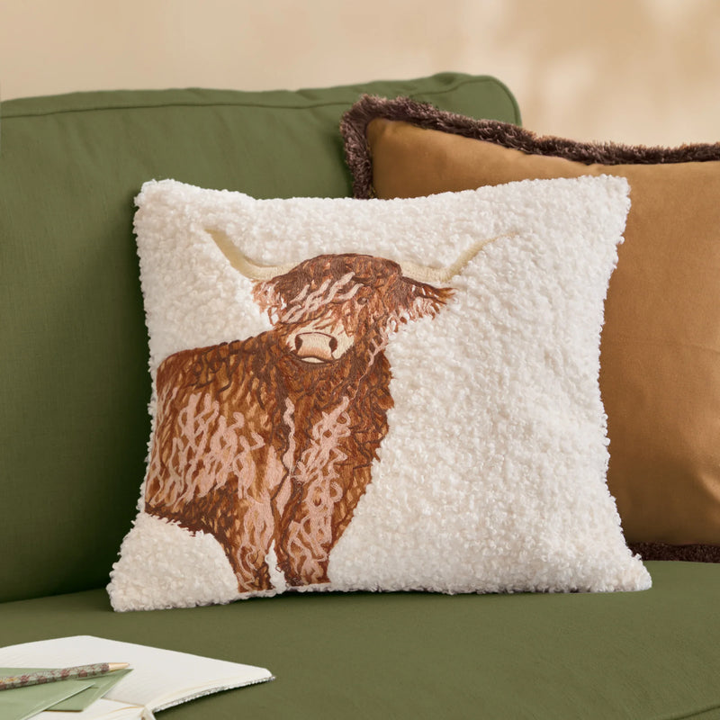BOUCLE HIGHLAND COW EMBROIDERED CUSHION – NATURAL by Evans Lichfield