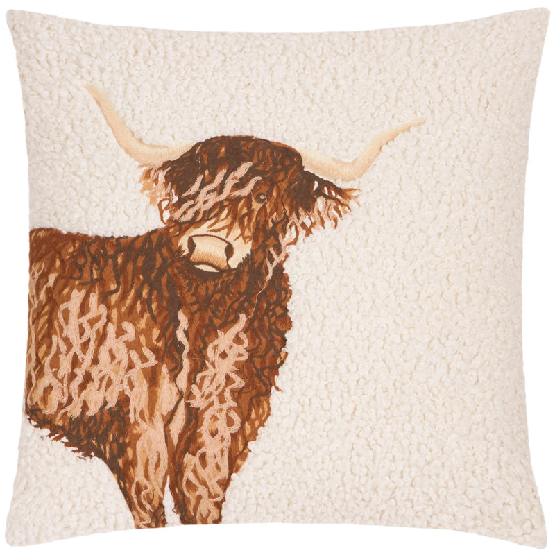 BOUCLE HIGHLAND COW EMBROIDERED CUSHION – NATURAL by Evans Lichfield