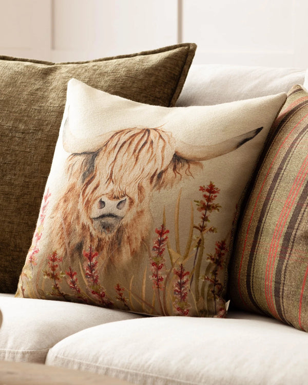 BRAMBLE HIGHLAND COW PRINTED CUSHION by Evans Lichfield