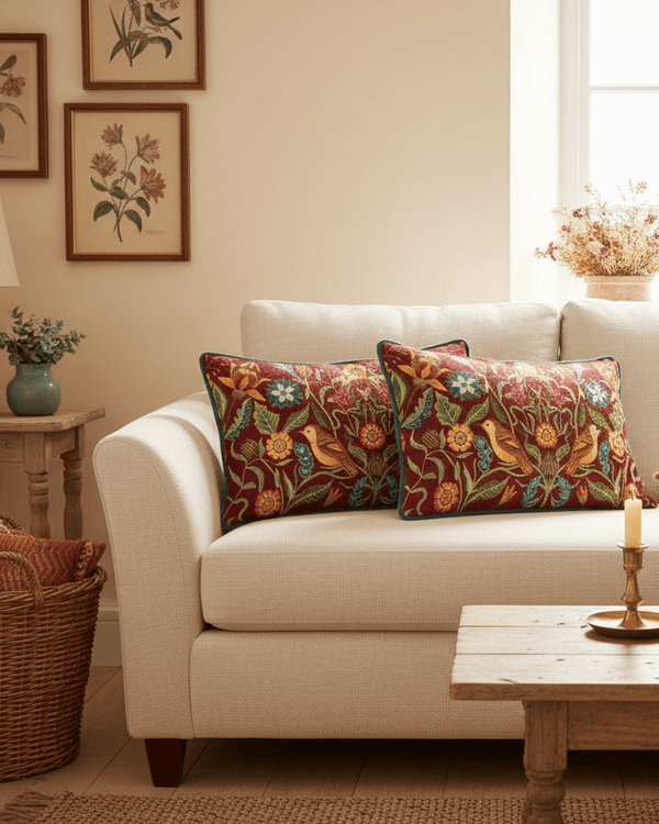 HAWTHORN BIRDS CUSHION BURGUNDY by Evans Litchfield