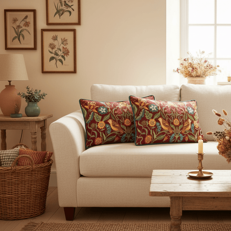 HAWTHORN BIRDS CUSHION BURGUNDY by Evans Litchfield