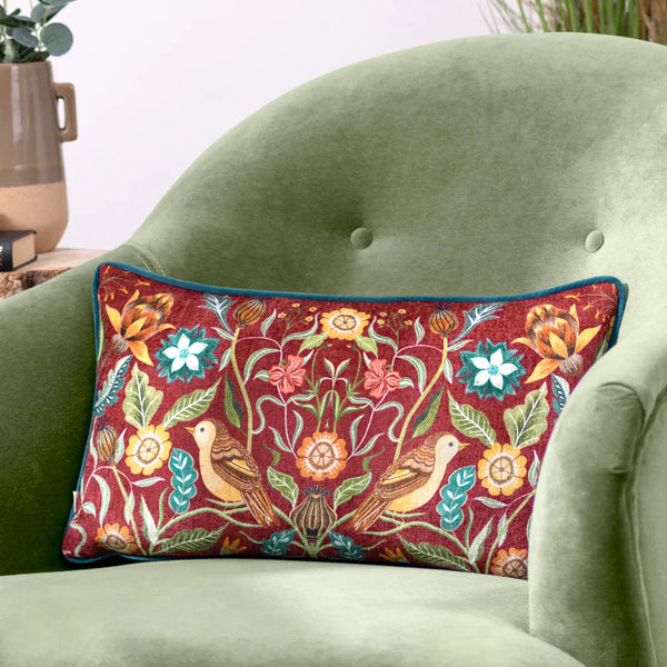 HAWTHORN BIRDS CUSHION BURGUNDY by Evans Litchfield