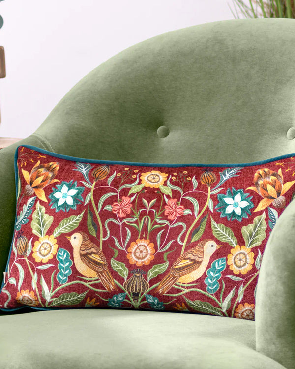 HAWTHORN BIRDS CUSHION BURGUNDY by Evans Litchfield