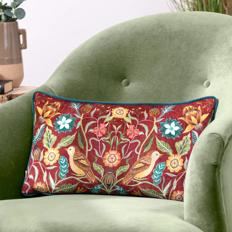 HAWTHORN BIRDS CUSHION BURGUNDY by Evans Litchfield