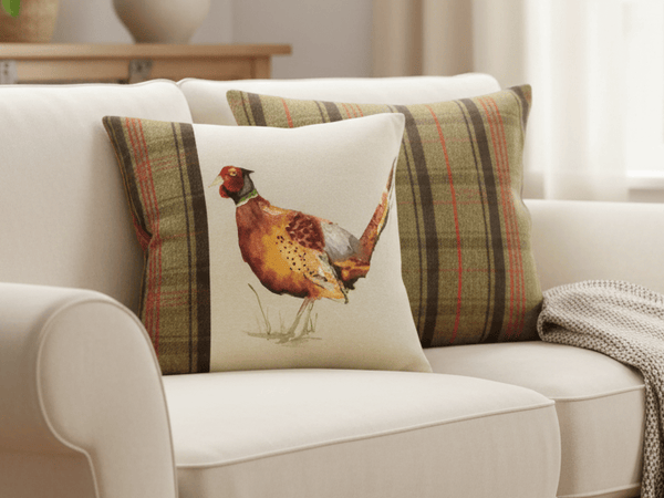 Hunter Pheasant Square Cushion Sand by Evans Lichfield
