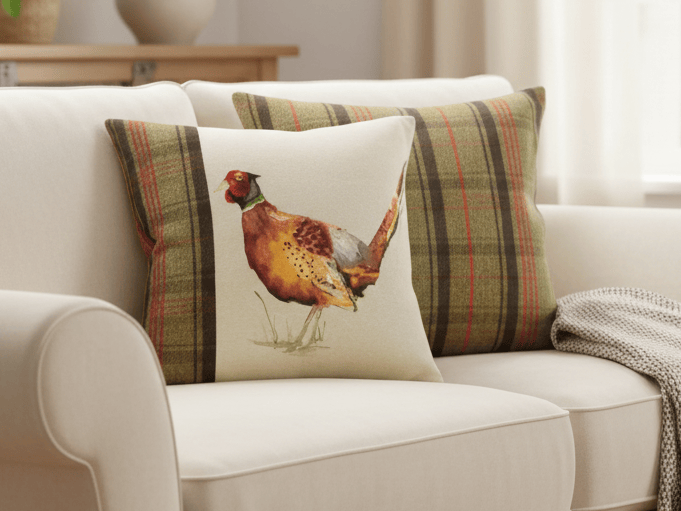 Hunter Pheasant Square Cushion Sand by Evans Lichfield