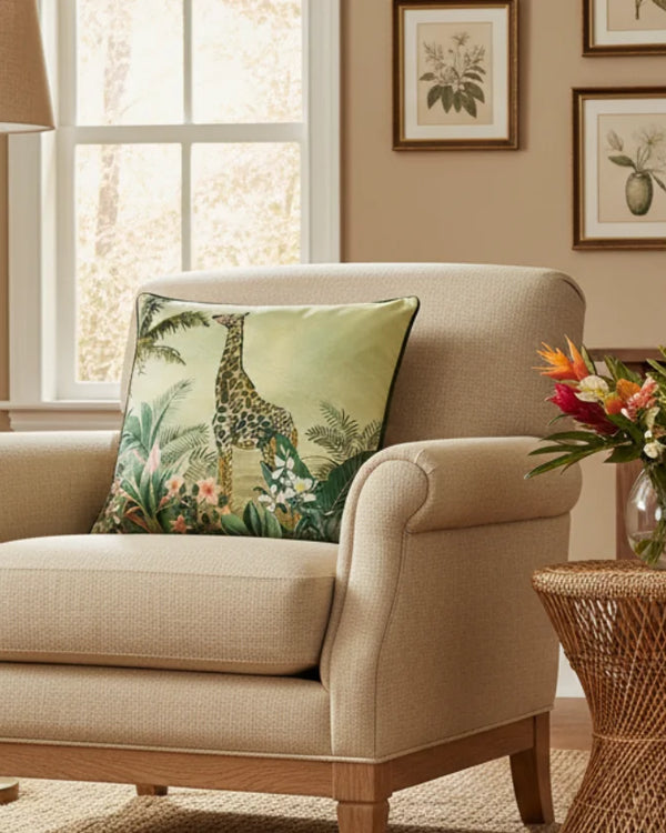 MANYARA GIRAFFE SQUARE CUSHION GREEN by Evans Litchfield