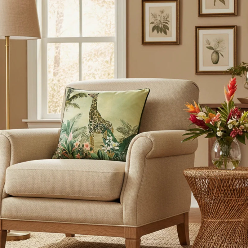 MANYARA GIRAFFE SQUARE CUSHION GREEN by Evans Litchfield