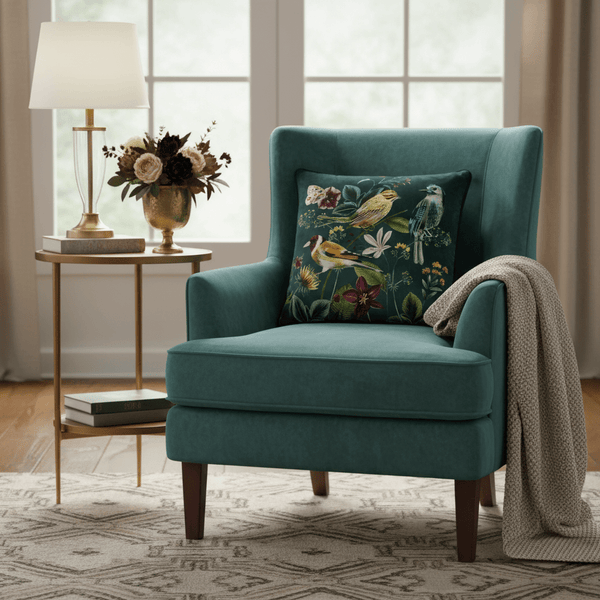 Midnight Garden Bird Cushion – Green by Evans Litchfield