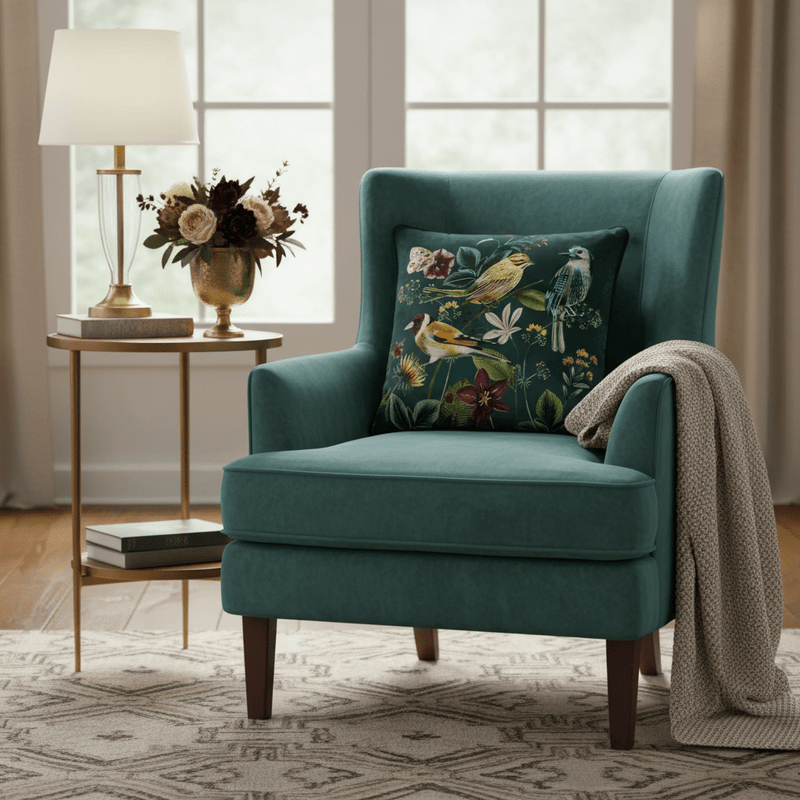 Midnight Garden Bird Cushion – Green by Evans Litchfield