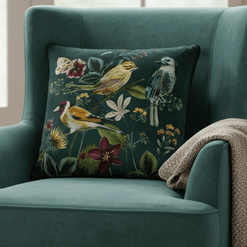 Midnight Garden Bird Cushion – Green by Evans Litchfield
