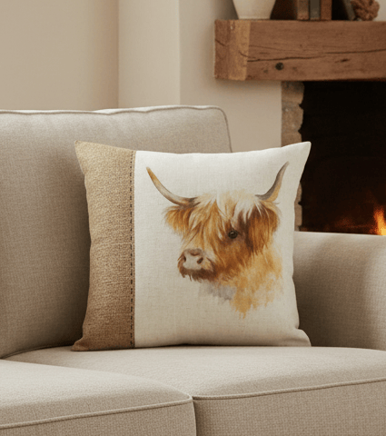 Premium Hessian Cow Square duck feather filled Cushion White by Evans Lichfield