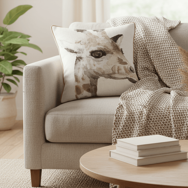 SAFARI GIRAFFE CUSHION WHITE by Evans Lichfield