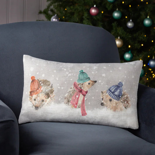 Evans Litchfield (Riva Home) Evans Lichfield Cushion 🦔 Snowy Hedgehogs Christmas Cushion – Natural  by Evans Litchfield