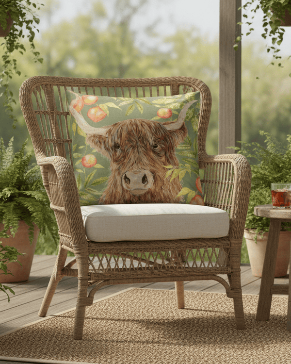 GROVE HIGHLAND COW OUTDOOR CUSHION OLIVE by Evans Lichfield