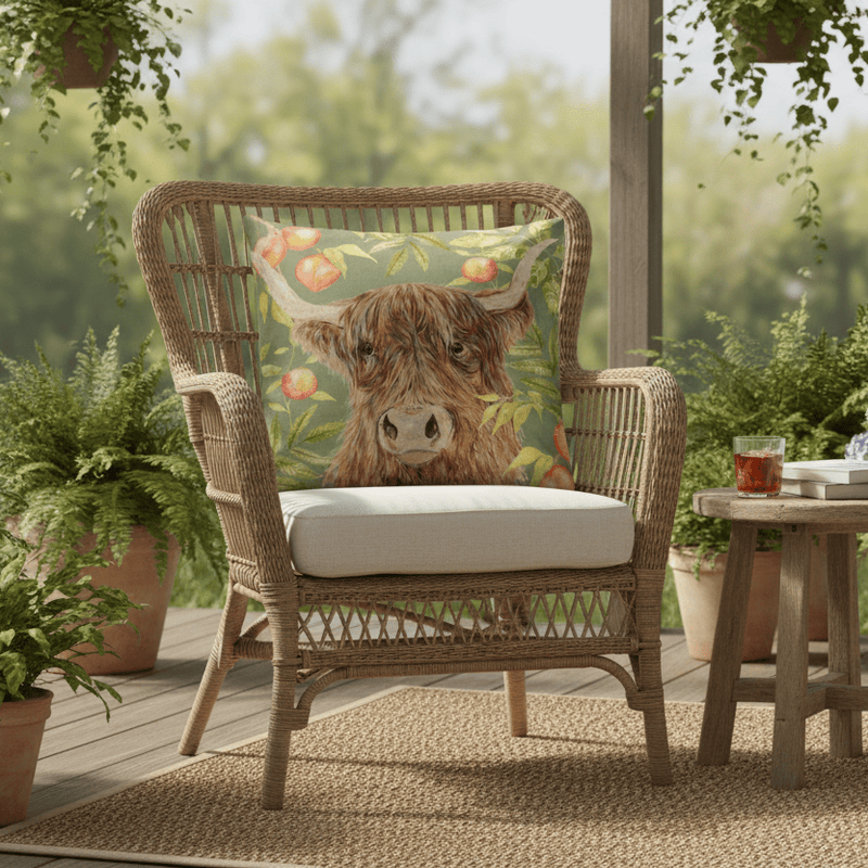 GROVE HIGHLAND COW OUTDOOR CUSHION OLIVE by Evans Lichfield