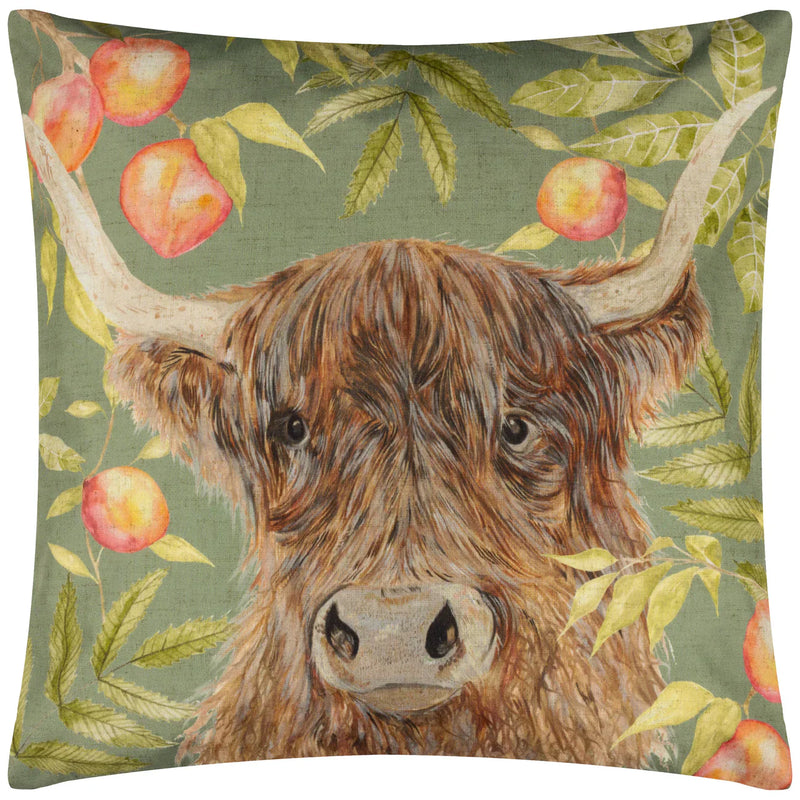 GROVE HIGHLAND COW OUTDOOR CUSHION OLIVE by Evans Lichfield