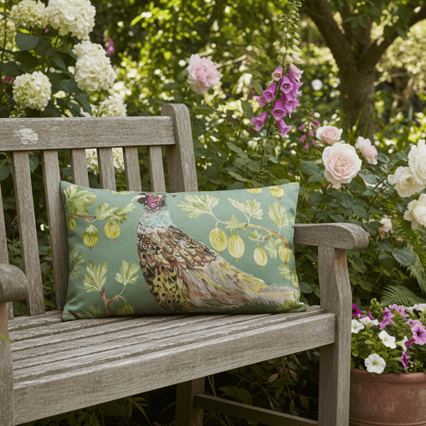 GROVE PHEASANT OUTDOOR CUSHION OLIVE by Evans Lichfield