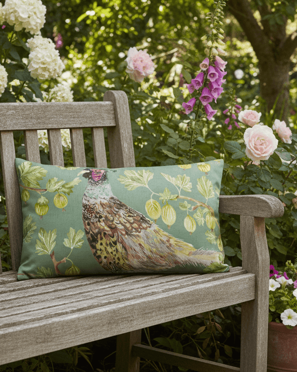 GROVE PHEASANT OUTDOOR CUSHION OLIVE by Evans Lichfield