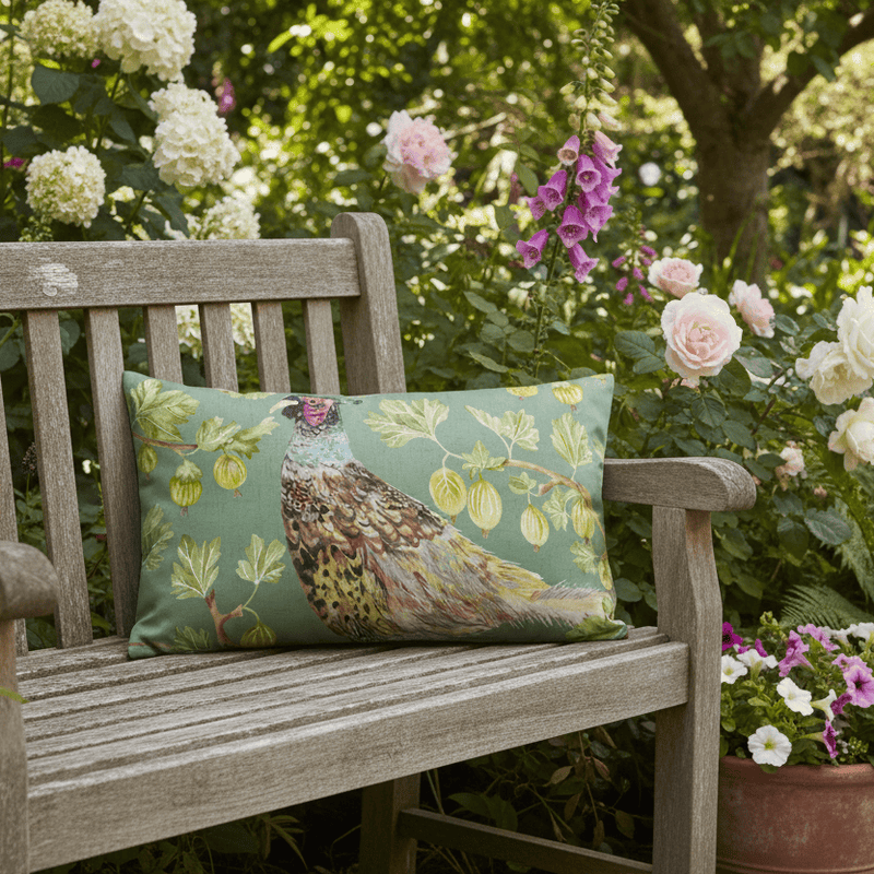 GROVE PHEASANT OUTDOOR CUSHION OLIVE by Evans Lichfield