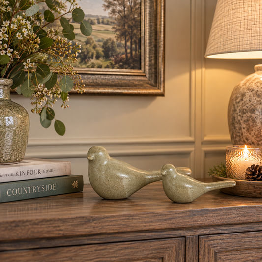 RUSTIC BIRD SCULPTURE – FENNEL GREEN SET OF 2 Curated by simply Hazel