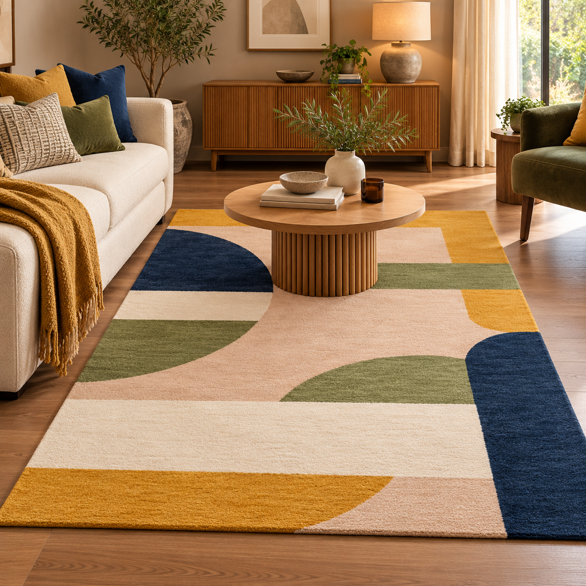 A modern abstract area rug with large blocks of cream, mustard yellow, navy blue, and sage green, styled in a warm, sunlit living room with a wooden coffee table and neutral-toned furniture.
