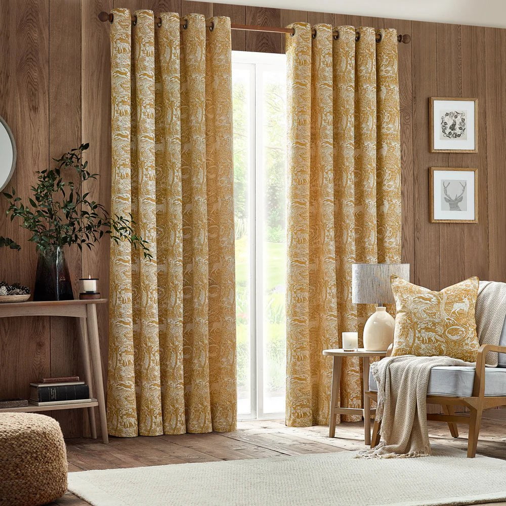 furn Ochre Winter Woods Animal Chenille Eyelet Curtains by furn (4 colours to choose from)  (90x90inch / 229x229cm)