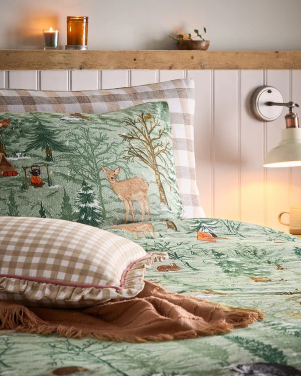 furn. Lodge Wood 100% Brushed Cotton Duvet Cover Set Oak in Green