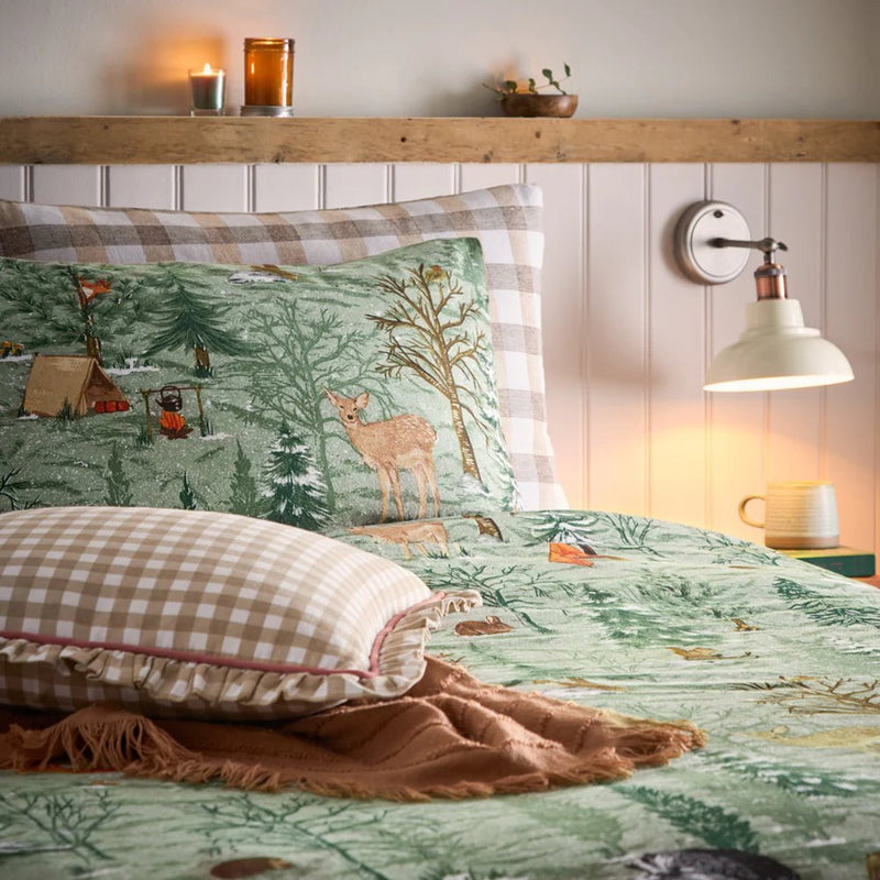 furn. Lodge Wood 100% Brushed Cotton Duvet Cover Set Oak in Green