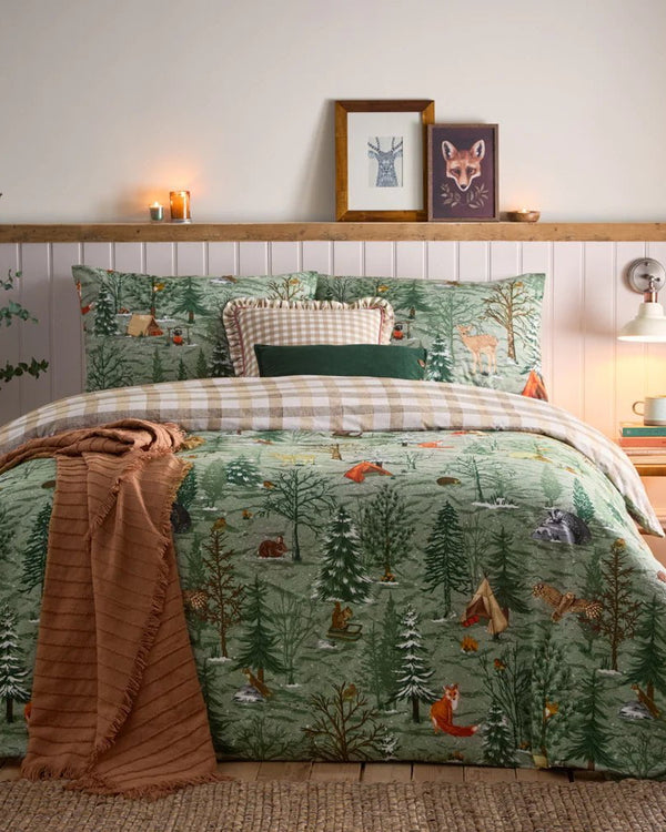 furn. Lodge Wood 100% Brushed Cotton Duvet Cover Set Oak in Green