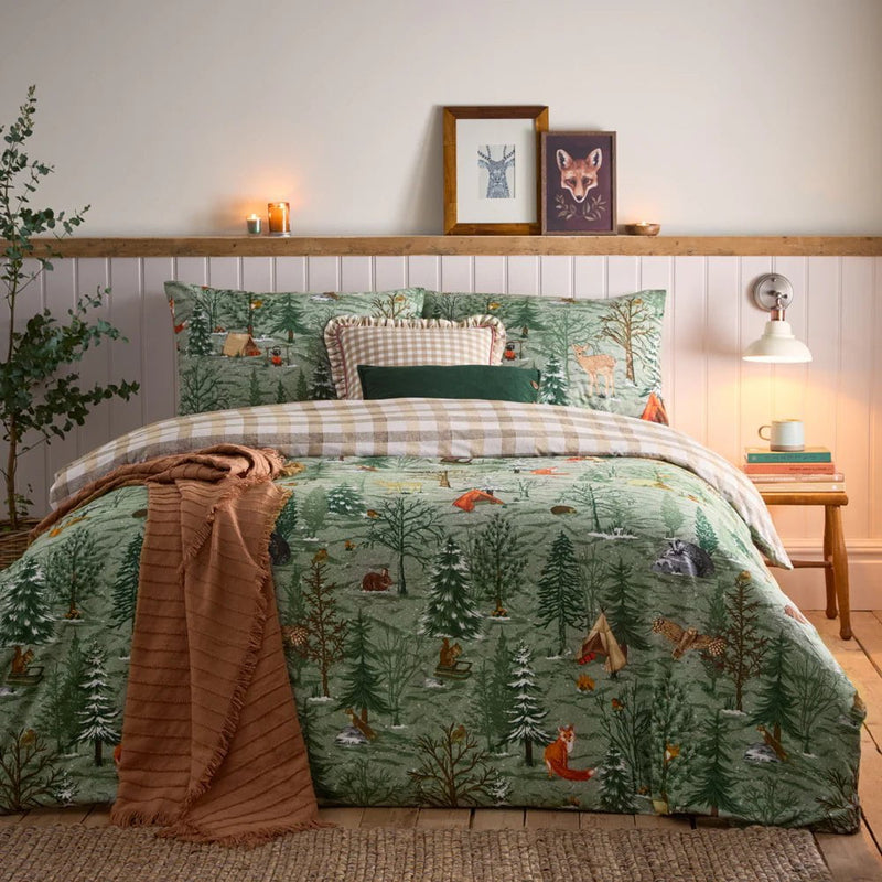 furn. Lodge Wood 100% Brushed Cotton Duvet Cover Set Oak in Green