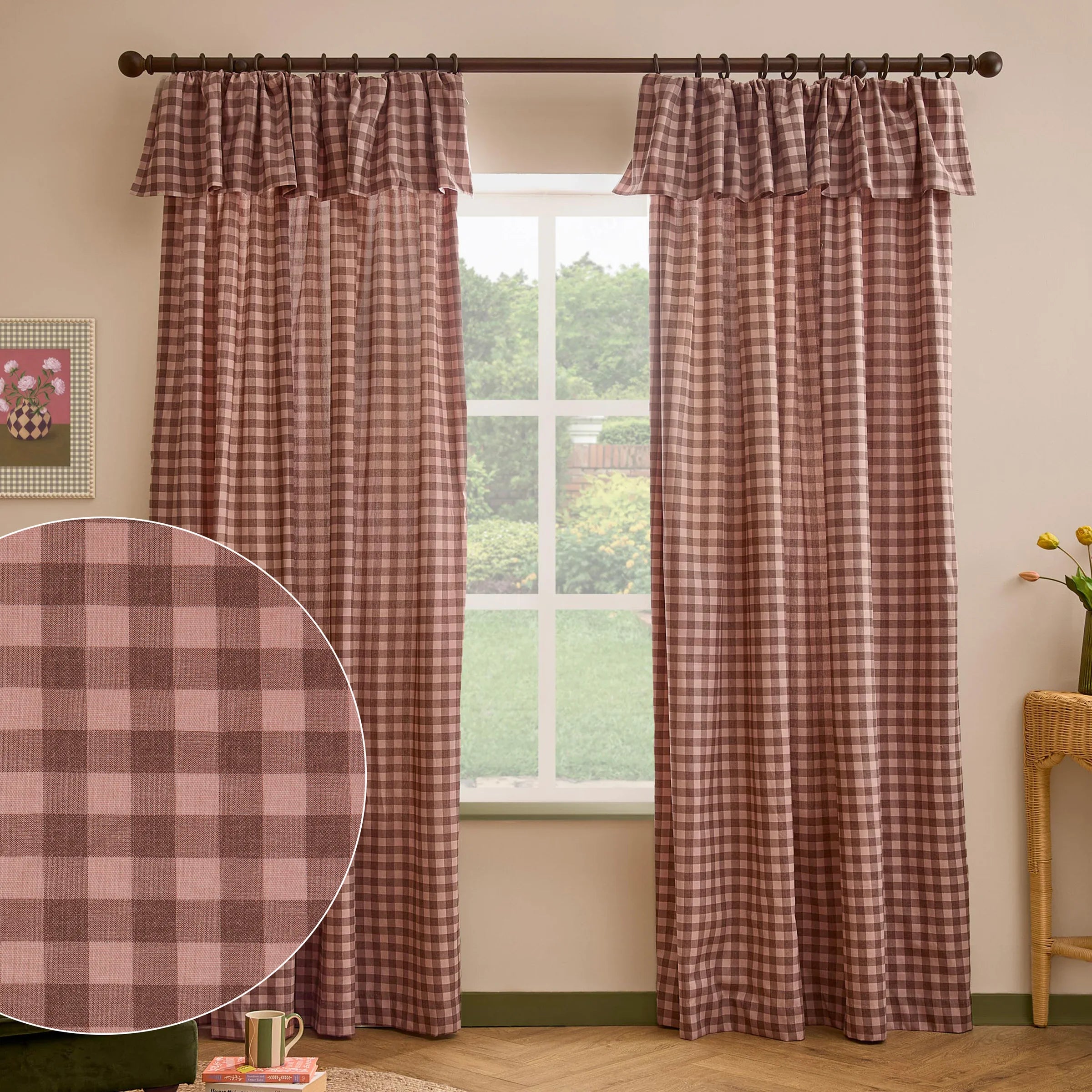 Furn (Riva Home) Curtains 90in x 72in (229cm x 183cm) / Rose/Chocolate / Fully Lined HARRIET GINGHAM PRINTED CURTAINS by furn.