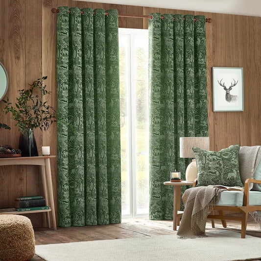 furn (Riva Home) Curtains Emerald Winter Woods Animal Chenille Eyelet Curtains by furn (4 colours to choose from)