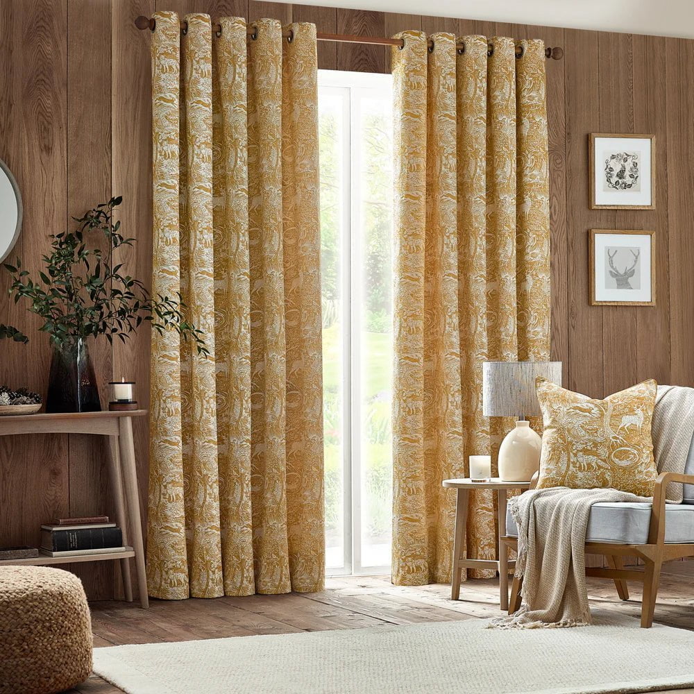 furn (Riva Home) Curtains Ochre Winter Woods Animal Chenille Eyelet Curtains by furn (4 colours to choose from)